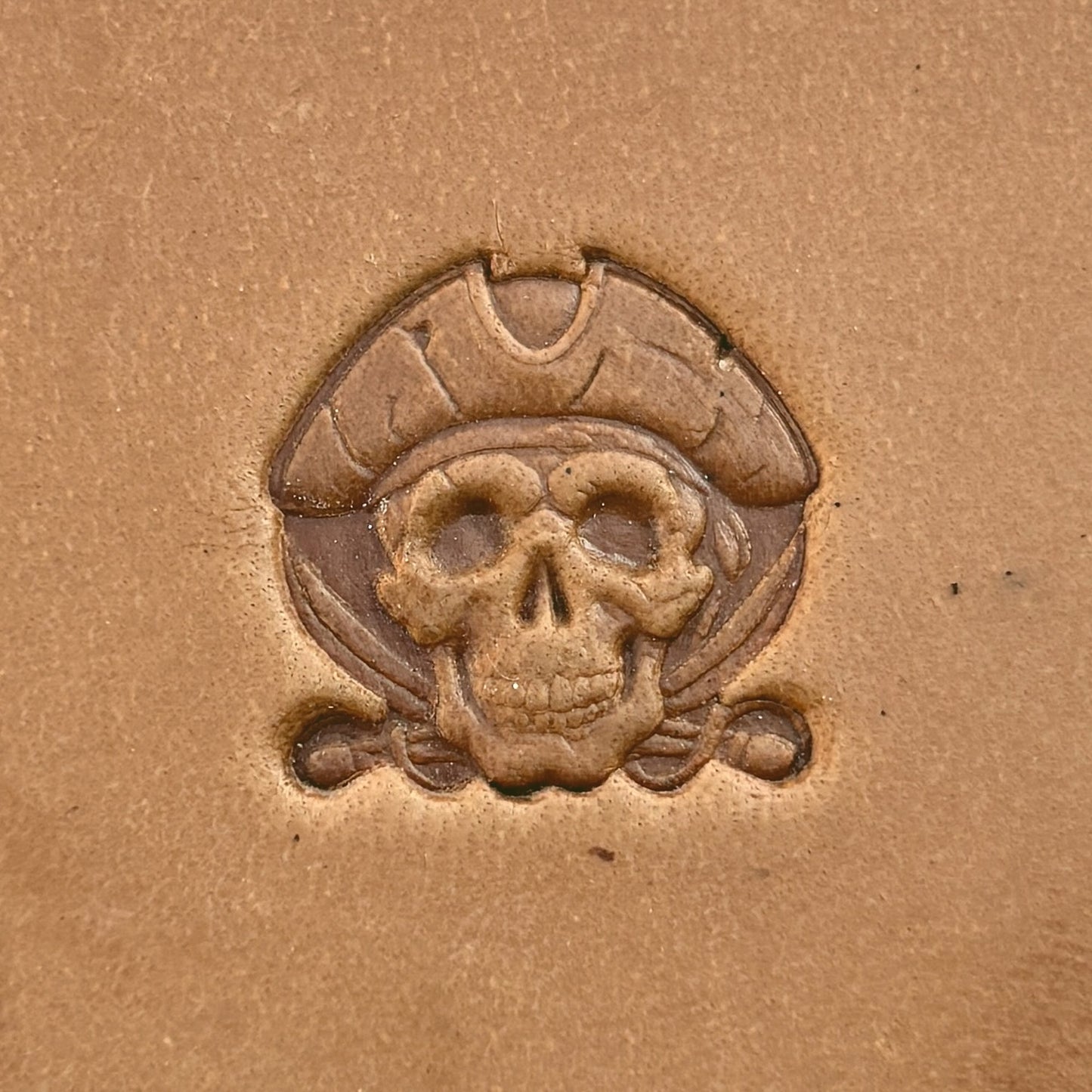 Pirate Hat Skull leather stamp LT552 — single impression on veg-tan leather