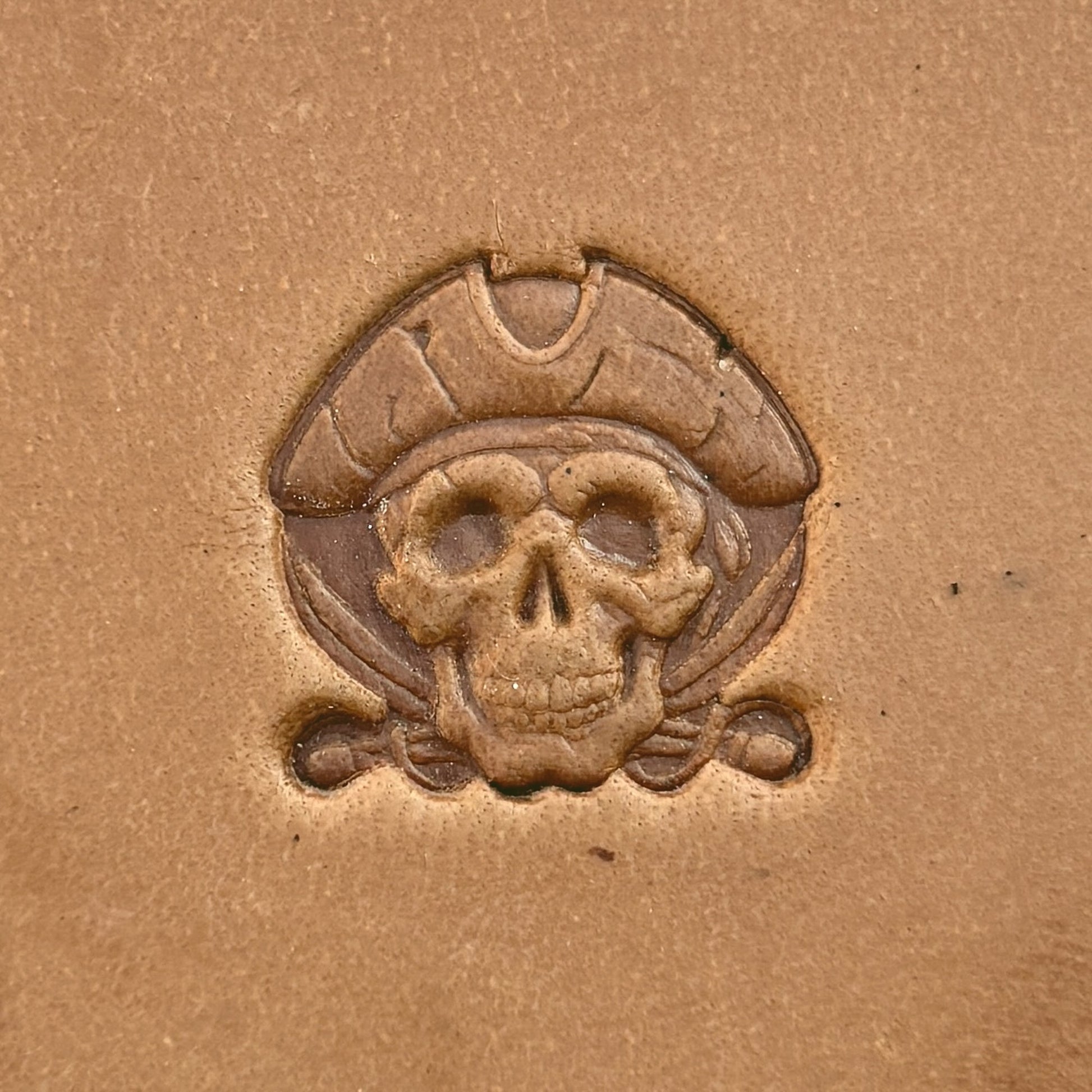 Pirate Hat Skull leather stamp LT552 — single impression on veg-tan leather