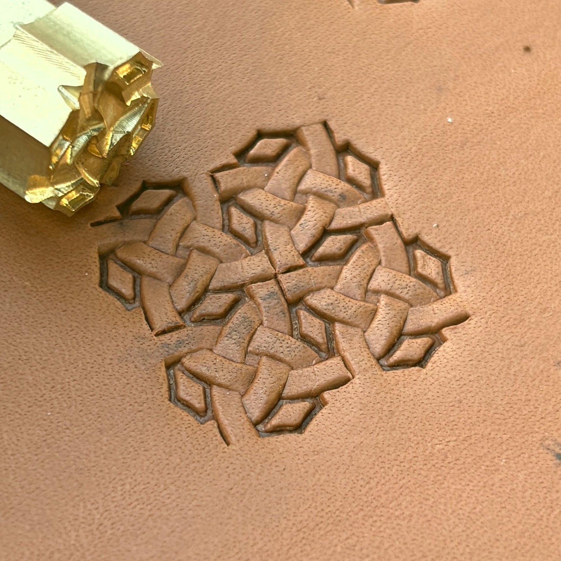Celtic Knot Geometric leather stamp LT553 — brass stamping tool with imprint on natural veg-tan leather