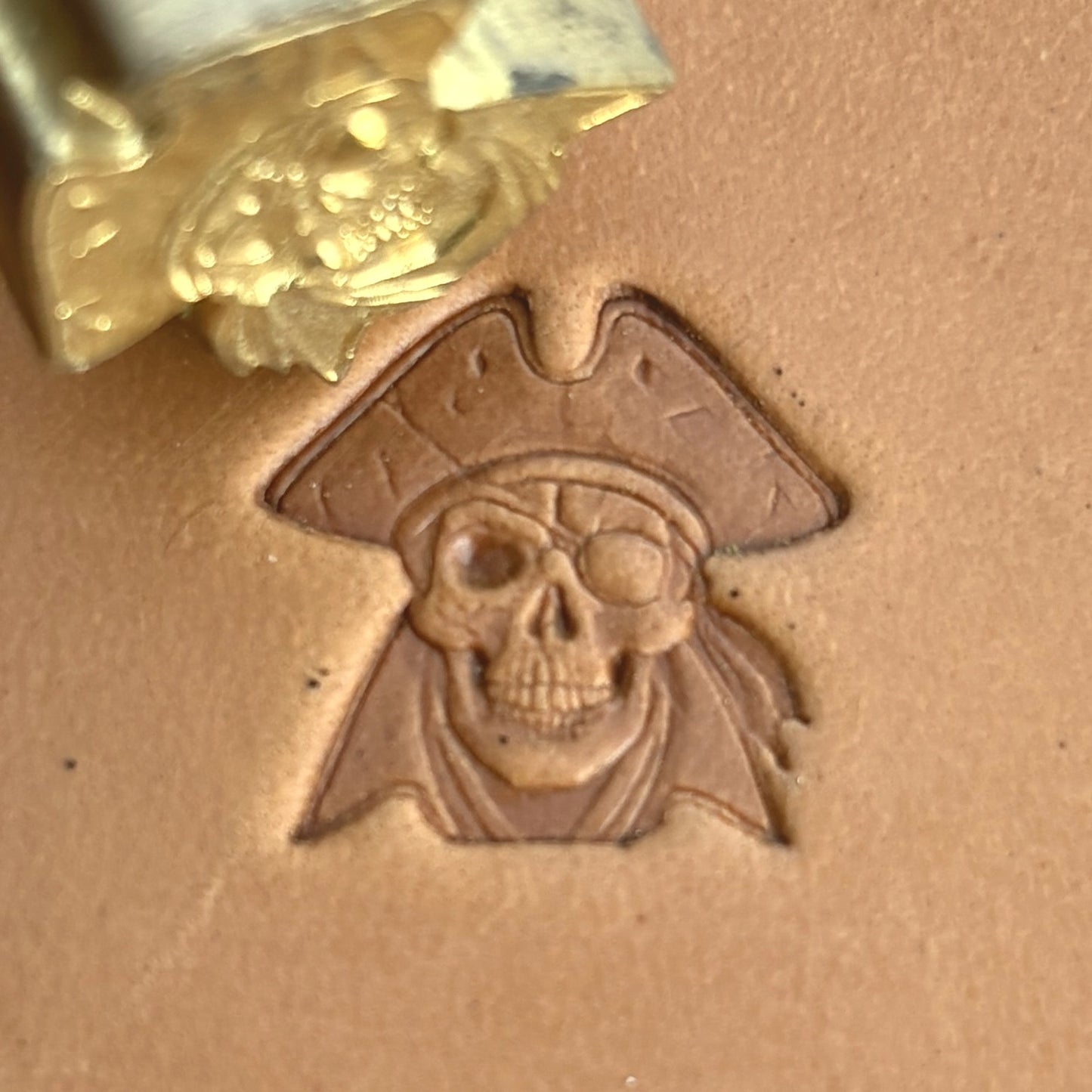 Pirate Captain Skull leather stamp LT554 — brass stamping tool with imprint on natural veg-tan leather