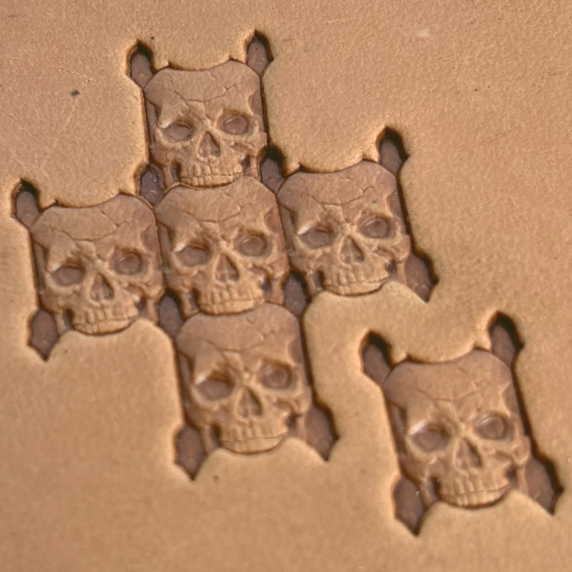 Crossbones Skull leather stamp LT555 — single impression on veg-tan leather
