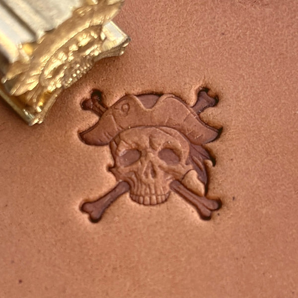 Pirate Crossbones Skull leather stamp LT557 — brass stamping tool with imprint on natural veg-tan leather