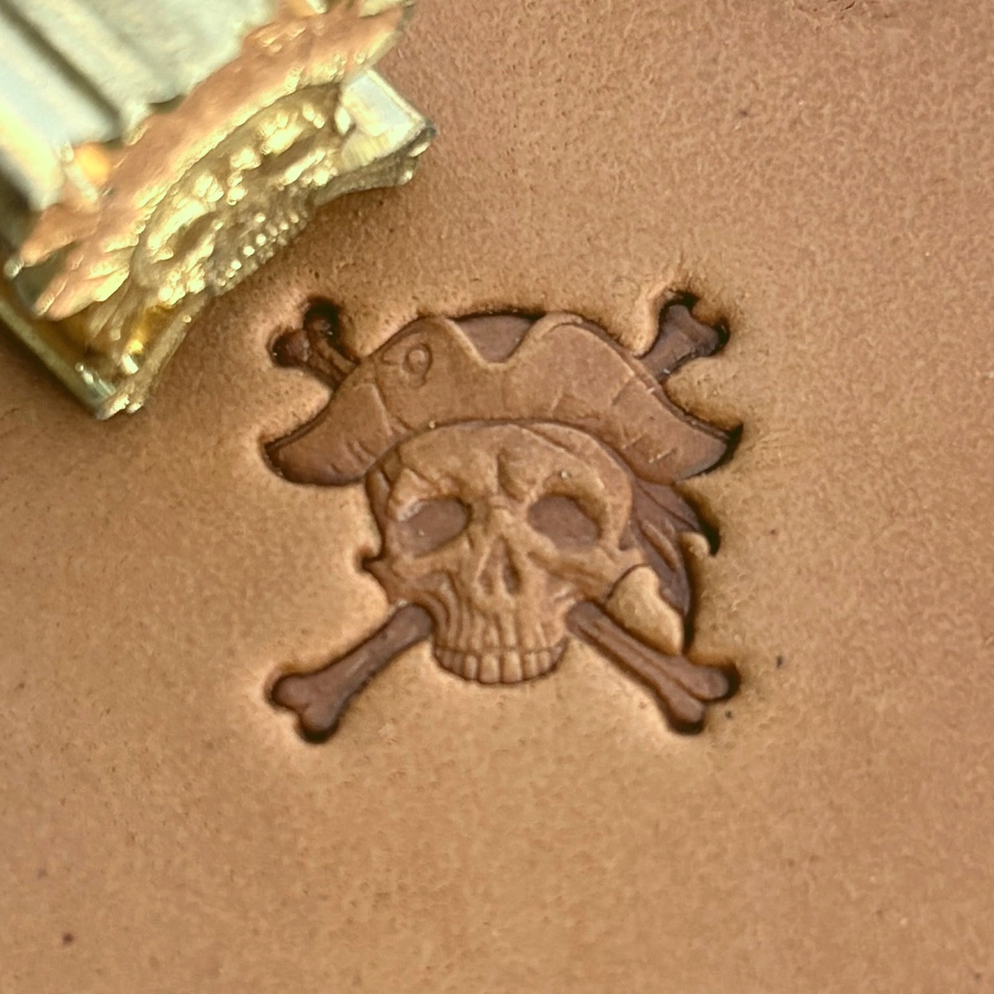 Pirate Crossbones Skull leather stamp LT557 — brass stamping tool with imprint on natural veg-tan leather