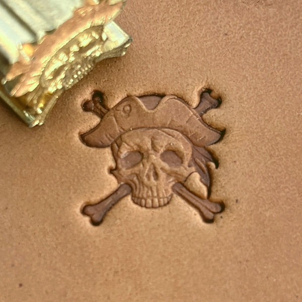 Pirate Crossbones Skull leather stamp LT557 — brass stamping tool with imprint on natural veg-tan leather
