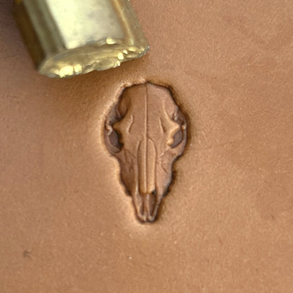 Longhorn Skull leather stamp LT561 — brass stamping tool with imprint on natural veg-tan leather