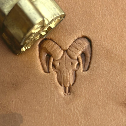 Goat Skull leather stamp LT562 — brass stamping tool with imprint on natural veg-tan leather