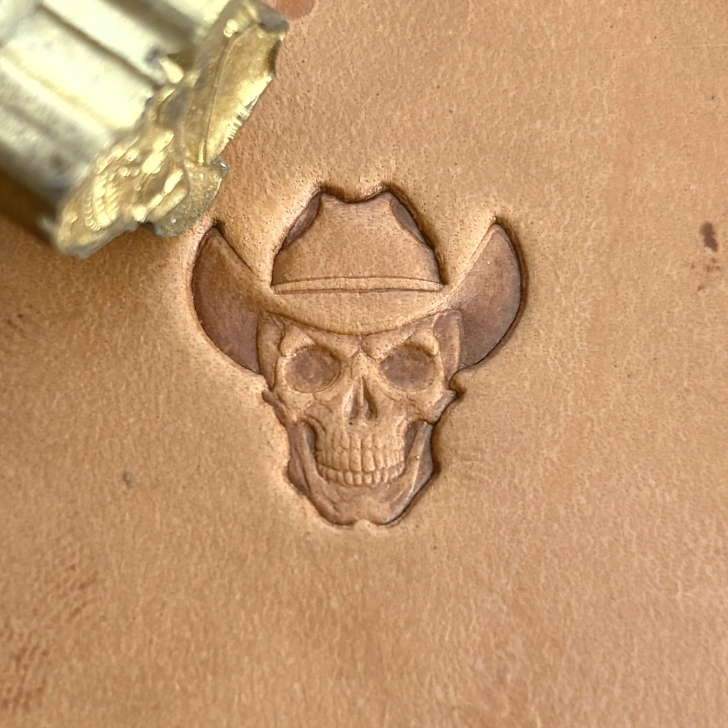 Cowboy Hat Skull leather stamp LT563 — brass stamping tool with imprint on natural veg-tan leather