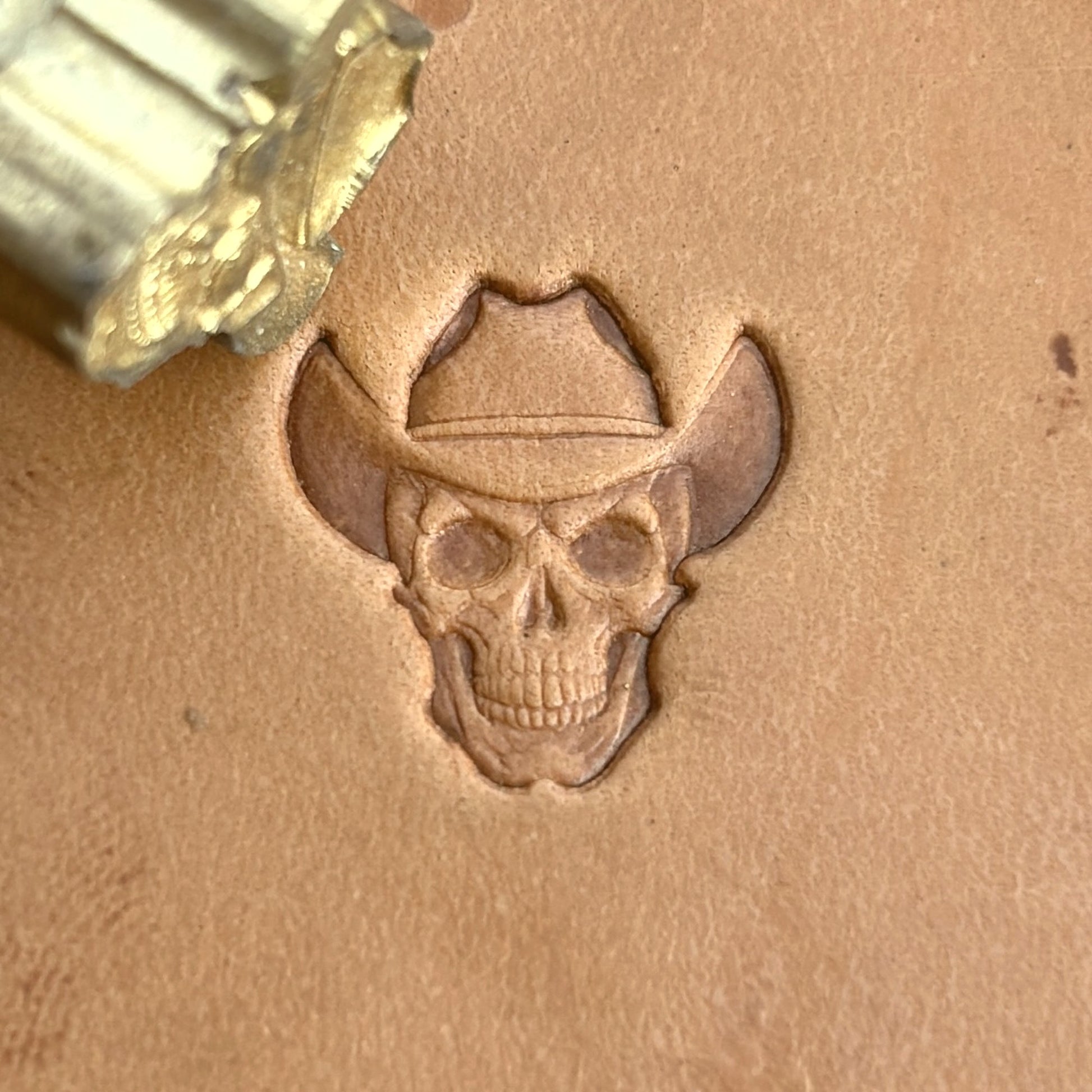 Cowboy Hat Skull leather stamp LT563 — brass stamping tool with imprint on natural veg-tan leather