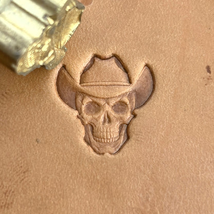 Cowboy Hat Skull leather stamp LT563 — brass stamping tool with imprint on natural veg-tan leather
