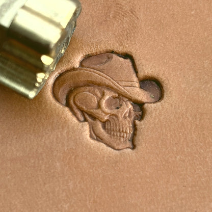 Cowboy Hat Skull leather stamp LT564 — brass stamping tool with imprint on natural veg-tan leather