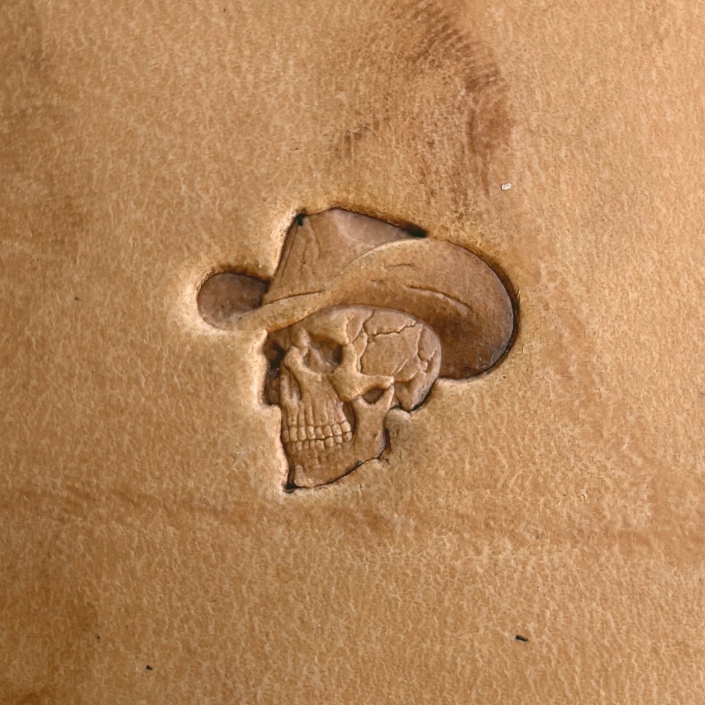 Cowboy Hat Skull leather stamp LT565 — brass stamping tool with imprint on natural veg-tan leather
