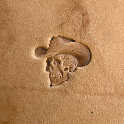 Cowboy Hat Skull leather stamp LT565 — brass stamping tool with imprint on natural veg-tan leather