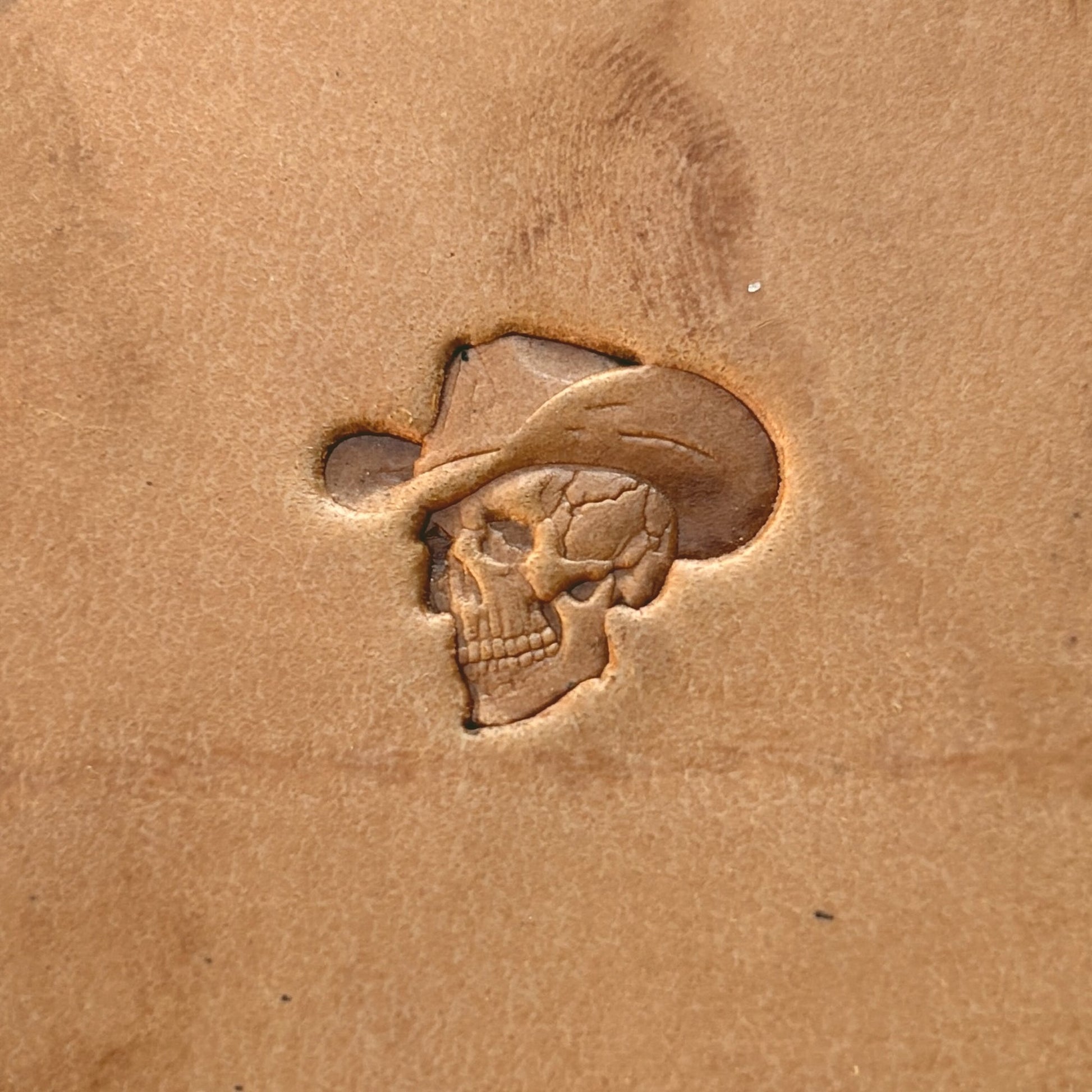 Cowboy Hat Skull leather stamp LT565 — single impression on veg-tan leather