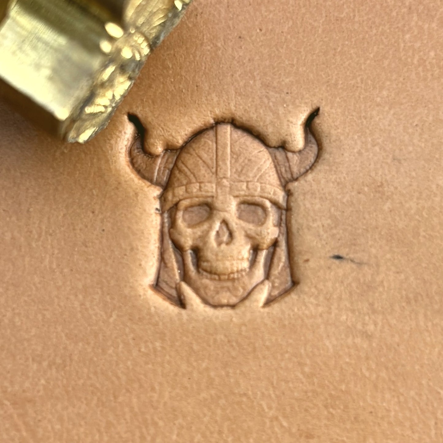 Viking Helmet Skull leather stamp LT567 — brass stamping tool with imprint on natural veg-tan leather