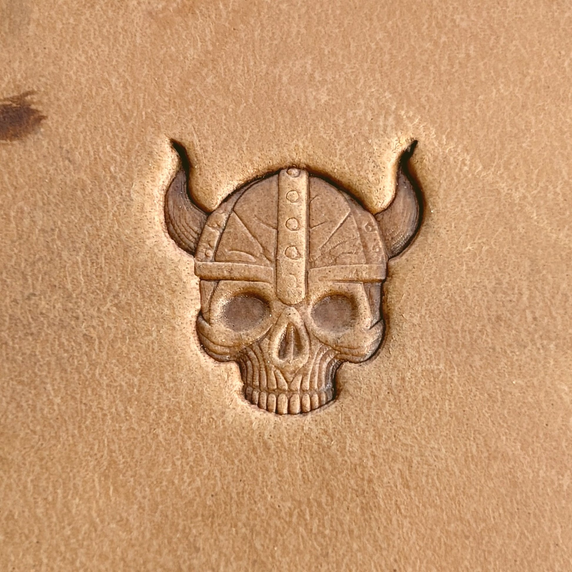 Viking Helmet Skull leather stamp LT567 — single impression on veg-tan leather