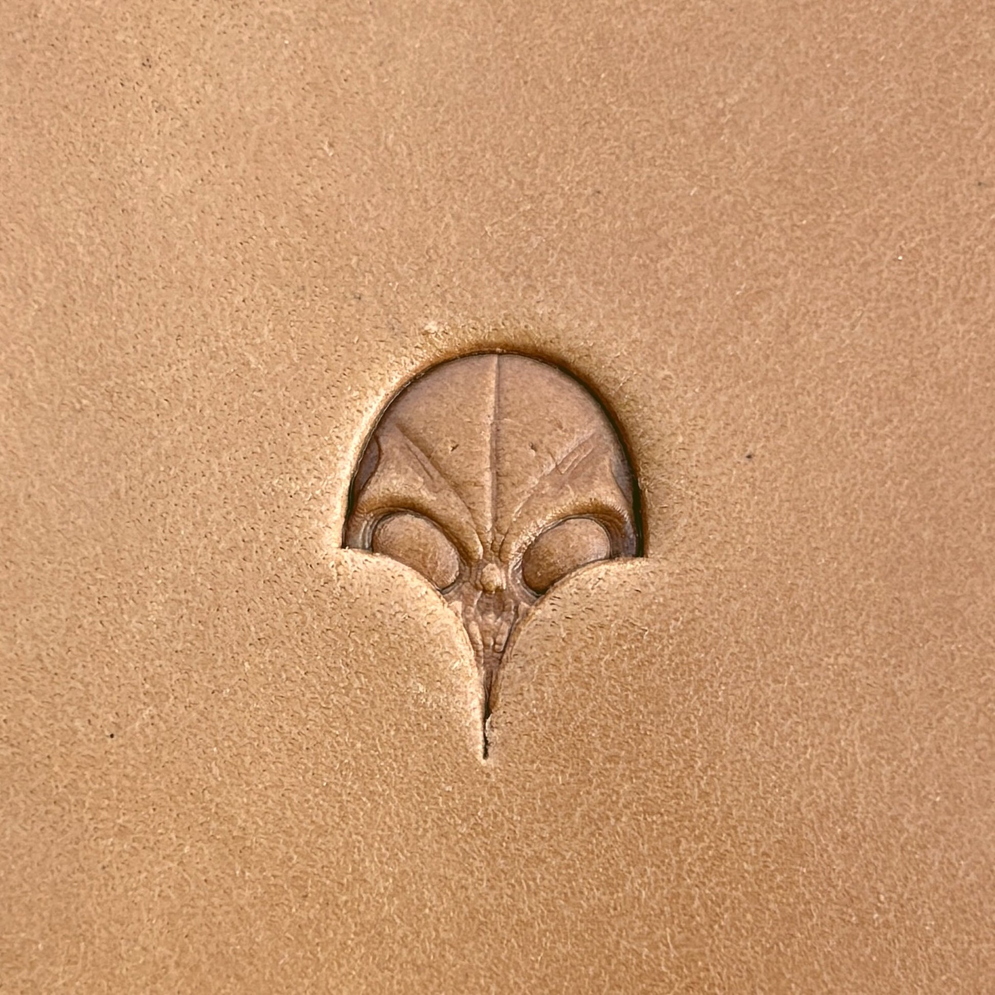 Alien Head leather stamp LT570 — single impression on veg-tan leather