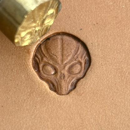 Alien Head Skull leather stamp LT571 — brass stamping tool with imprint on natural veg-tan leather