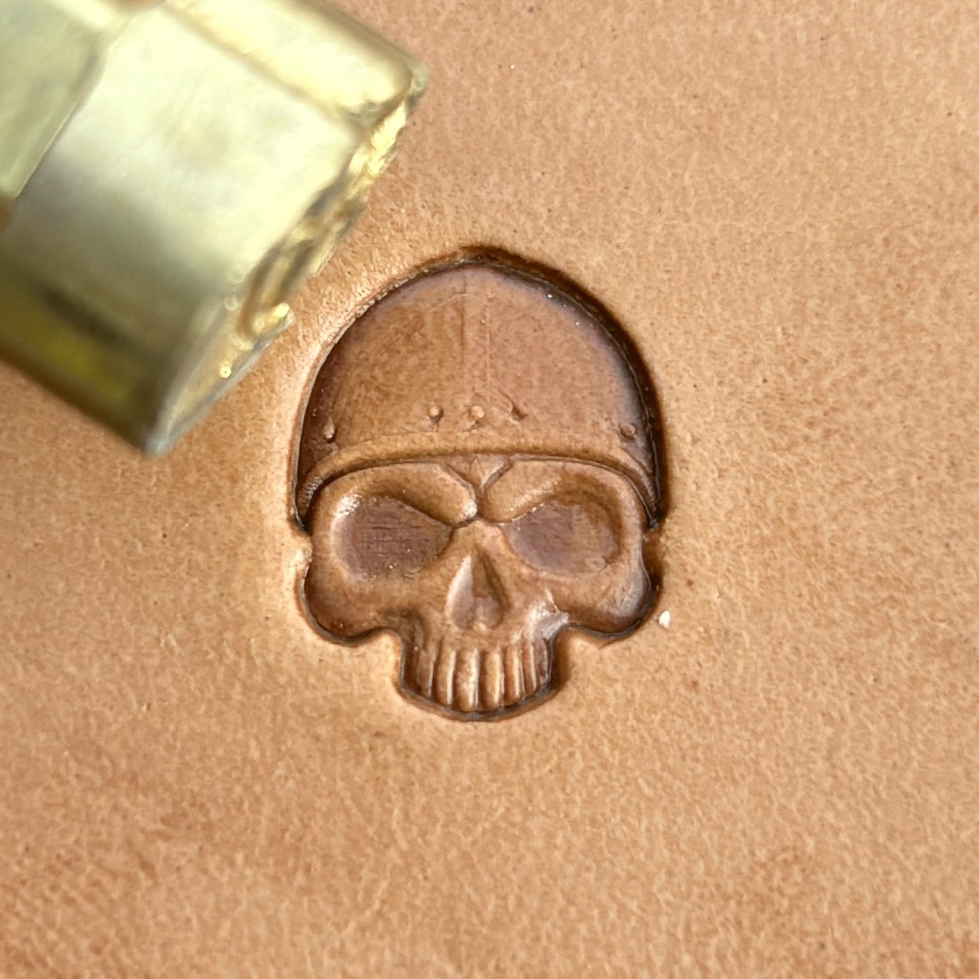 Viking Helmet Skull leather stamp LT572 — brass stamping tool with imprint on natural veg-tan leather