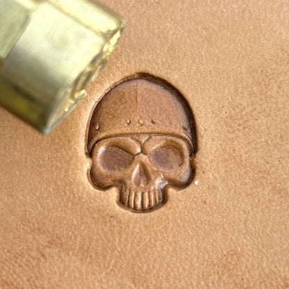 Viking Helmet Skull leather stamp LT572 — brass stamping tool with imprint on natural veg-tan leather