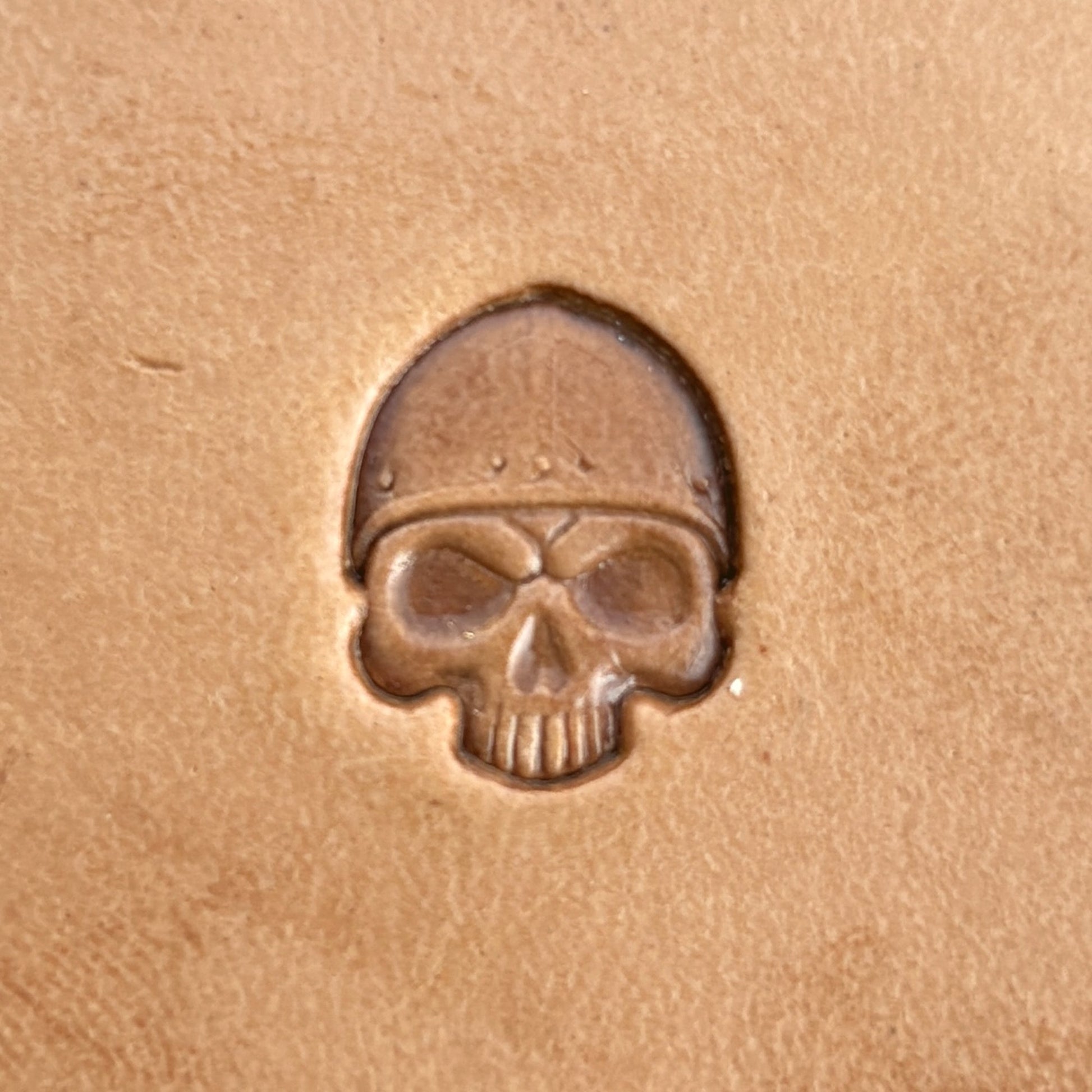 Viking Helmet Skull leather stamp LT572 — single impression on veg-tan leather