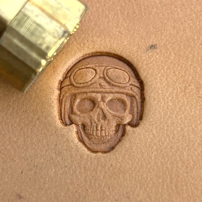 Biker Helmet Skull leather stamp LT573 — brass stamping tool with imprint on natural veg-tan leather