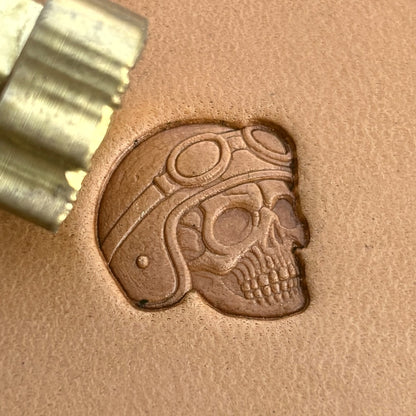 Biker Helmet Skull leather stamp LT574 — brass stamping tool with imprint on natural veg-tan leather