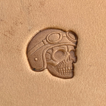 Biker Helmet Skull leather stamp LT574 — single impression on veg-tan leather