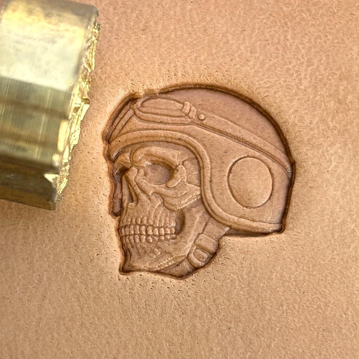 Biker Helmet Skull leather stamp LT575 — brass stamping tool with imprint on natural veg-tan leather
