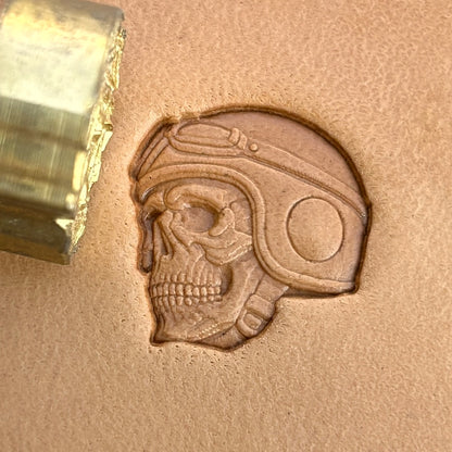 Biker Helmet Skull leather stamp LT575 — brass stamping tool with imprint on natural veg-tan leather