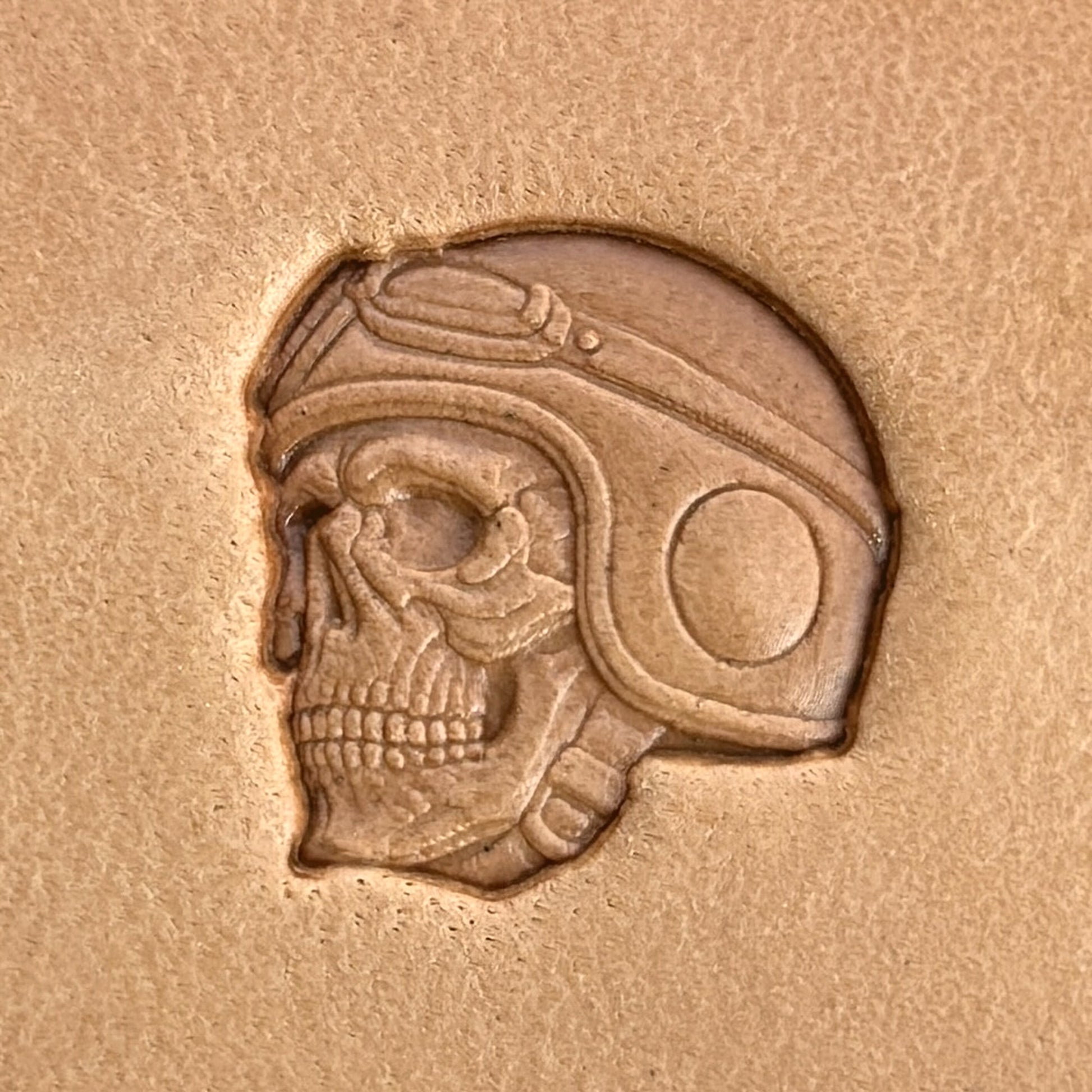Biker Helmet Skull leather stamp LT575 — single impression on veg-tan leather