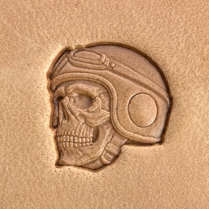 Biker Helmet Skull leather stamp LT575 — single impression on veg-tan leather
