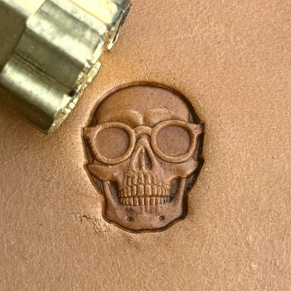 With Glasses Skull leather stamp LT576 — brass stamping tool with imprint on natural veg-tan leather