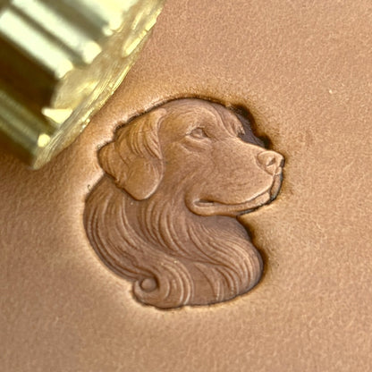 Longhair Dog leather stamp LT578 — brass stamping tool with imprint on natural veg-tan leather