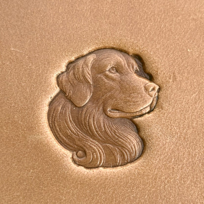 Longhair Dog leather stamp LT578 — single impression on veg-tan leather