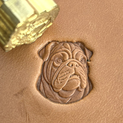 Bulldog Face leather stamp LT579 — brass stamping tool with imprint on natural veg-tan leather