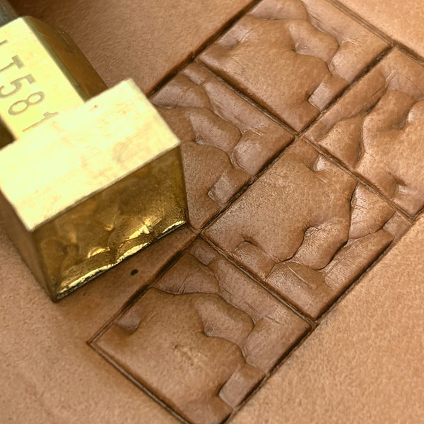 Abstract Square Geometric leather stamp LT581 — brass stamping tool with imprint on natural veg-tan leather