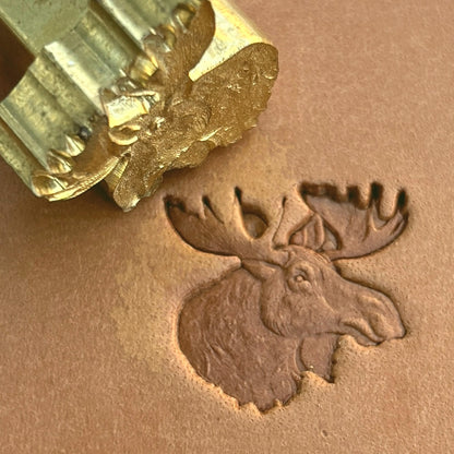 Moose Head Deer leather stamp LT582 — brass stamping tool with imprint on natural veg-tan leather