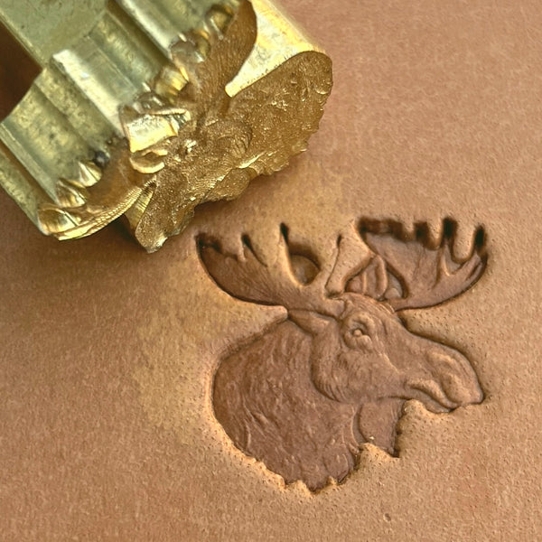 Moose Head Deer leather stamp LT582 — brass stamping tool with imprint on natural veg-tan leather