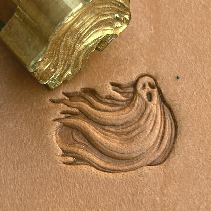 Ghost leather stamp LT584 — brass stamping tool with imprint on natural veg-tan leather