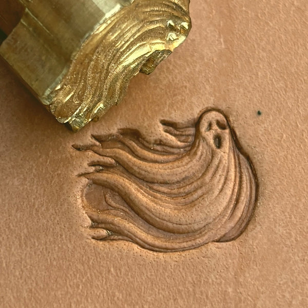 Ghost leather stamp LT584 — brass stamping tool with imprint on natural veg-tan leather