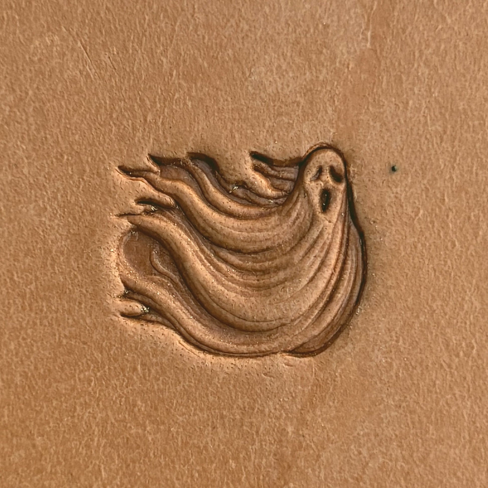 Ghost leather stamp LT584 — single impression on veg-tan leather