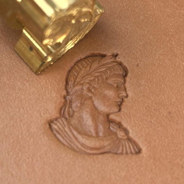 Roman Bust leather stamp LT586 — brass stamping tool with imprint on natural veg-tan leather