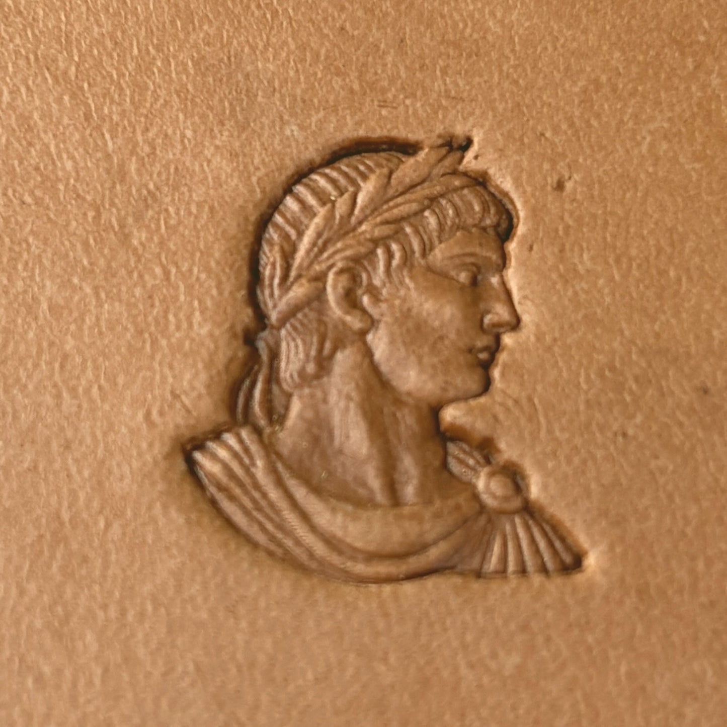 Roman Bust leather stamp LT586 — pattern imprint on veg-tan leather