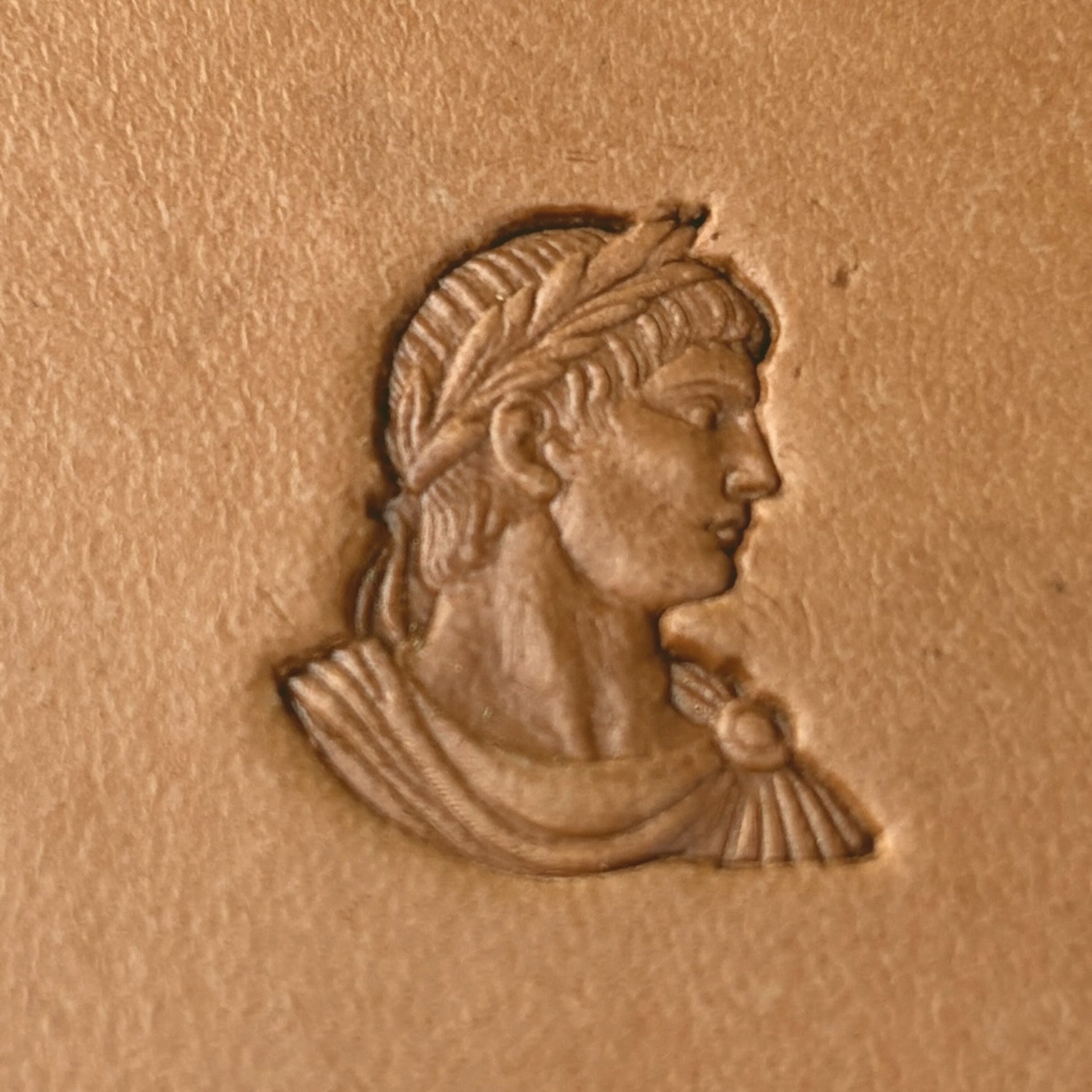 Roman Bust leather stamp LT586 — pattern imprint on veg-tan leather
