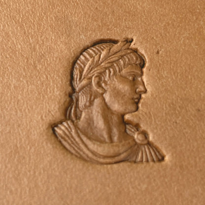 Roman Bust leather stamp LT586 — pattern imprint on veg-tan leather
