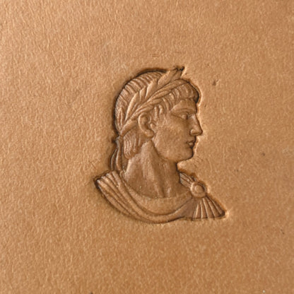 Roman Bust leather stamp LT586 — single impression on veg-tan leather