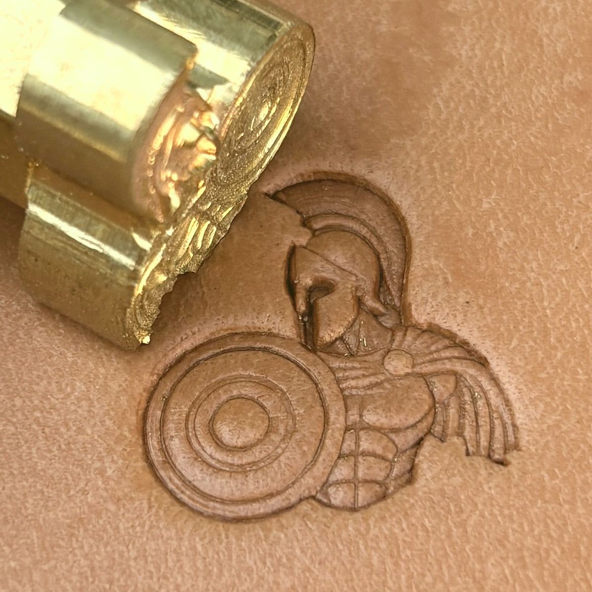 Spartan Warrior leather stamp LT587 — brass stamping tool with imprint on natural veg-tan leather