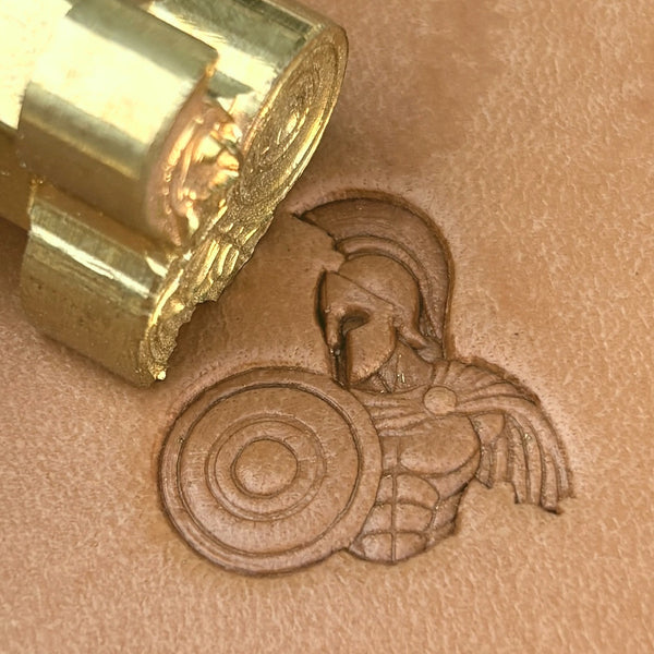 Spartan Warrior leather stamp LT587 — brass stamping tool with imprint on natural veg-tan leather