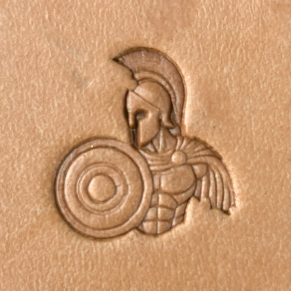 Spartan Warrior leather stamp LT587 — single impression on veg-tan leather