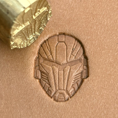 Futuristic Mask leather stamp LT588 — brass stamping tool with imprint on natural veg-tan leather